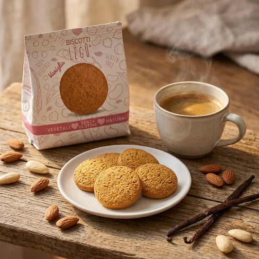 Biscotti di mais, legumi e mandorle alla vaniglia LEGÙ, vegani e senza glutine, su un piatto con mandorle e una tazza di caffè.