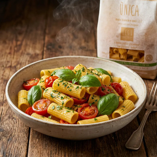 Rustici Unica LEGÙ mais bianco e ceci in un piatto fumante con pomodorini e basilico, pasta di legumi senza glutine e ricca di proteine vegetali.