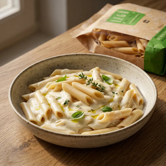 Penne lisce Legù con crema, piatto sano e veloce con confezione prodotto visibile