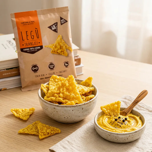 Snack LEGÙ Triangoli Curcuma & Pepe in ciotole, con hummus. Triangoli di legumi senza glutine e ad alto contenuto di proteine vegetali.