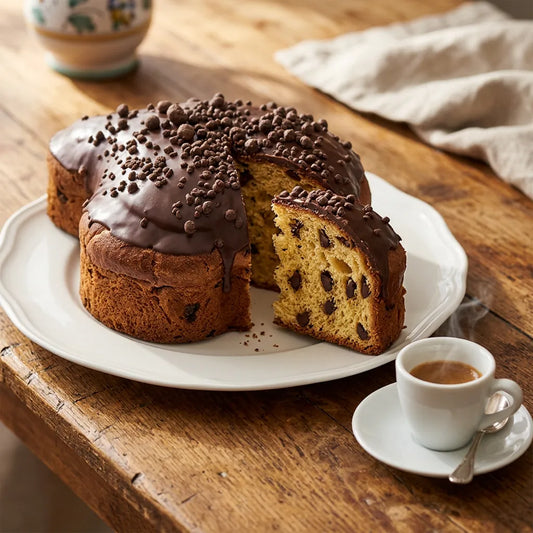 Colomvé LEGÙ glassata al cioccolato fondente con gocce su un piatto bianco, con una fetta tagliata. Dolci proteici di legumi senza glutine.