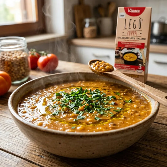 Sopa Viva Bio LEGÙ en un cuenco de cerámica, adornada con perejil fresco y un chorrito de aceite, desprendiendo vapor. En el fondo, el pack del producto de legumbres 100% italianas.