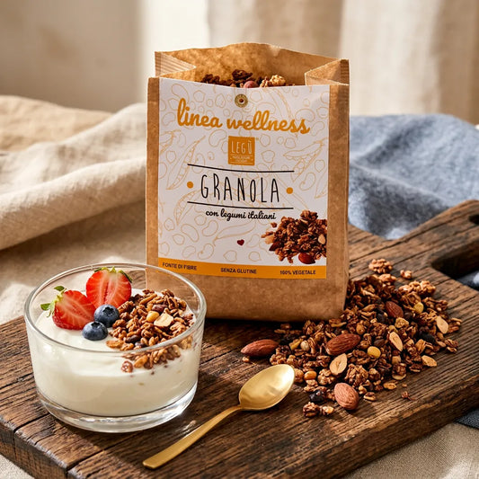 Granola LEGÙ con legumi italiani servita con yogurt e fragole, croccante e ricca di fibre e proteine vegetali, senza glutine.