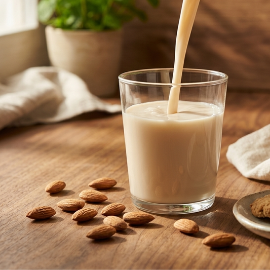 Bevanda alla mandorla versata in un bicchiere con mandorle su tavolo in legno, ideale per colazione sana e naturale
