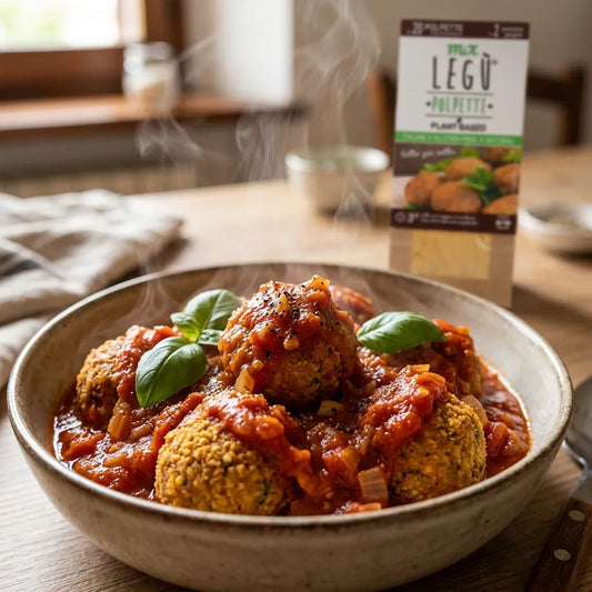 Ciotola fumante di polpette di legumi LEGÙ con sugo di pomodoro e basilico, ricche di proteine vegetali e senza glutine.