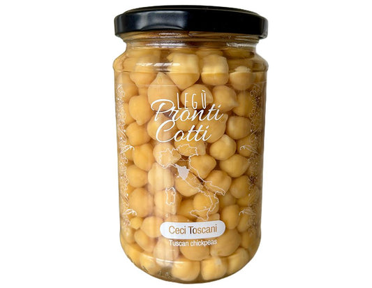 Barattolo di ceci toscani Legù pronti cotti in salamoia su sfondo bianco