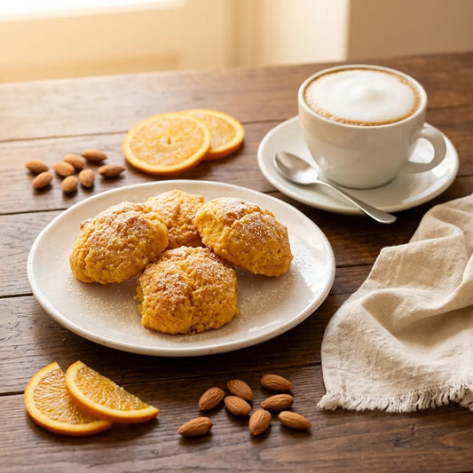 Pasticcini Morbidi all'Arancia LEGÙ su piatto bianco, mandorle e fette d'arancia fresche, con caffè. Senza glutine, con proteine vegetali.