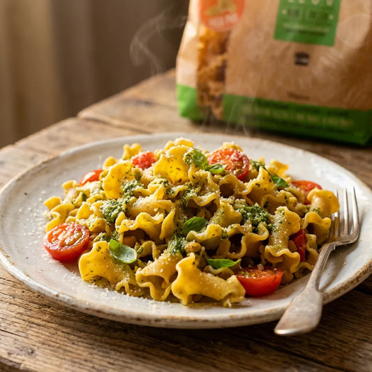Piatto di Gigli LEGÙ 100% legumi (lenticchie e ceci) con pesto, pomodorini e basilico, una pasta di legumi senza glutine e ad alto contenuto di proteine vegetali.