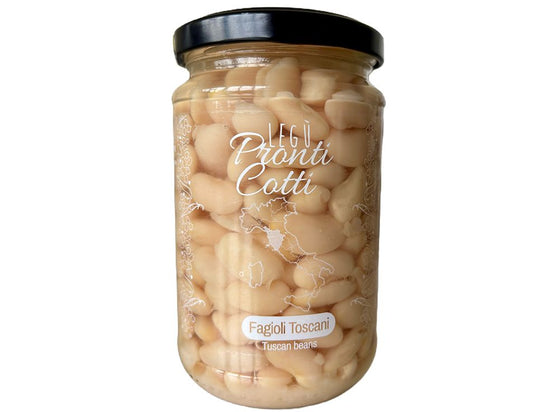 Barattolo di fagioli toscani Legù pronti cotti in salamoia su sfondo bianco