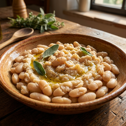 Piatto di fagioli toscani Legù pronti e cremosi con olio extravergine, facile e veloce da preparare