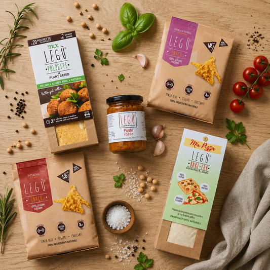 Contenuto kit aperitivo Legù con snack triangoli gusto pizzaiola e cipolla & paprika, preparato per polpette, preparato per pizza e focacce, pesto rosso legù.