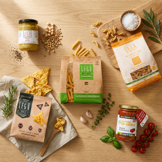 Contenuto kit pranzo smart Legù con pasta di legumi BIO, risone, passata, pesto giallo, e snack