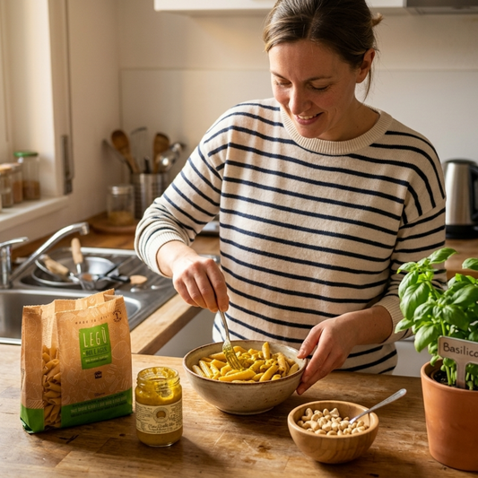 Preparare un pranzo sano e veloce con pasta di legumi e condimenti Legù