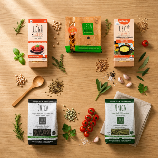 Contenuto del kit settimana smart Legù con pasta, zuppe e mix per pasti sani