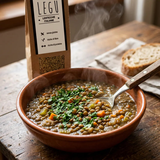 Zuppa di lenticchie italiane LEGÙ in una ciotola rustica, guarnita con prezzemolo fresco. Un piatto caldo e nutriente di legumi, ricco di proteine vegetali e senza glutine.