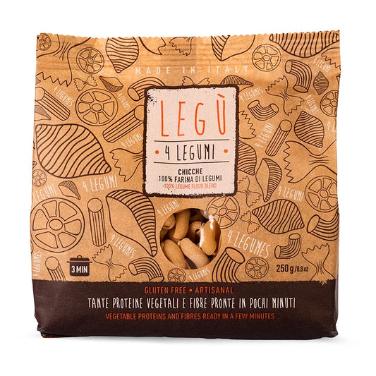Confezione Legù Non È Pasta Chicche 4 Legumi senza glutine, ricche di proteine vegetali, su sfondo bianco.