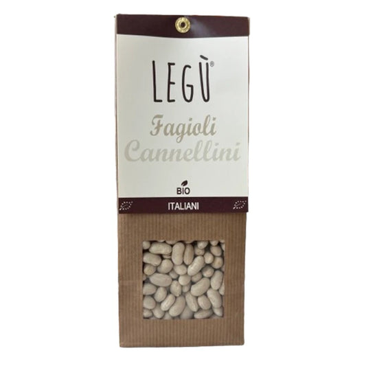 Paquete vertical LEGÙ de Alubias Cannellini ecológicas italianas de 250 g, visibles a través de una ventana. Legumbres ricas en proteínas vegetales, naturalmente sin gluten.