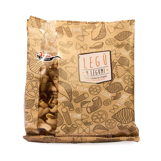 Confezione di LEGÙ Intrecci – 4 Legumi (pasta) con disegno stilizzato di legumi, packaging in kraft, 100% farina di legumi.