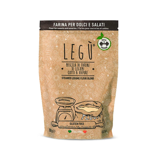 Confezione LEGÙ Legumi Miscela Farine Cotte a Vapore, senza glutine, ricca in proteine vegetali per dolci, salati.