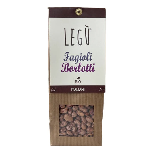 LEGÙ Frijoles Borlotti Ecológicos 250g en envase de papel ecológico con ventana, legumbres italianas ricas en proteínas vegetales.