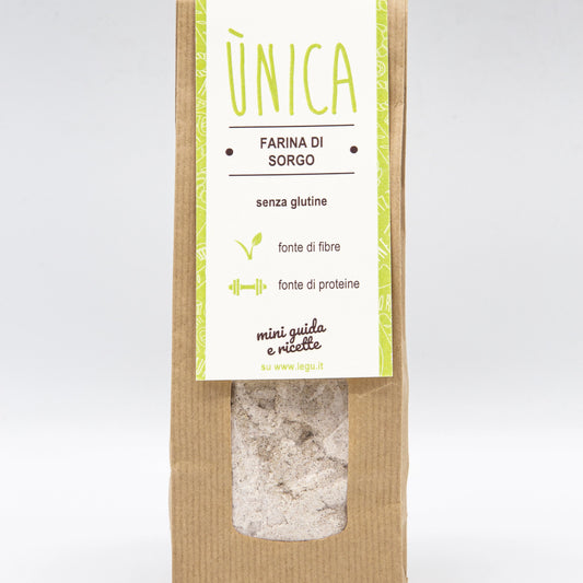 Packaging LEGÙ Farina di Sorgo UNICA, 250g. Senza glutine, fonte di fibre e proteine vegetali essenziali per la tua dieta.