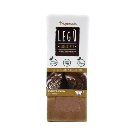 Packaging LEGÙ "cioccolata calda" con legumi, ingredienti italiani e spirulina. Senza glutine, fonte di proteine e fibre.