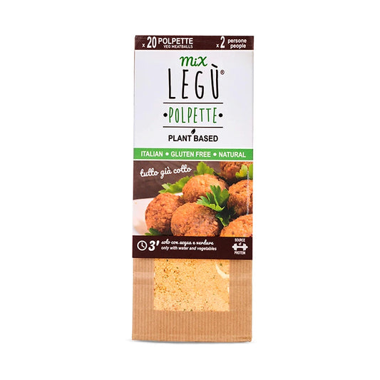 Packaging mix LEGÙ Polpette BIO: preparato per 20 polpette vegane a base di legumi, senza glutine.