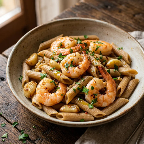 Penne saltate con gamberi e aglio