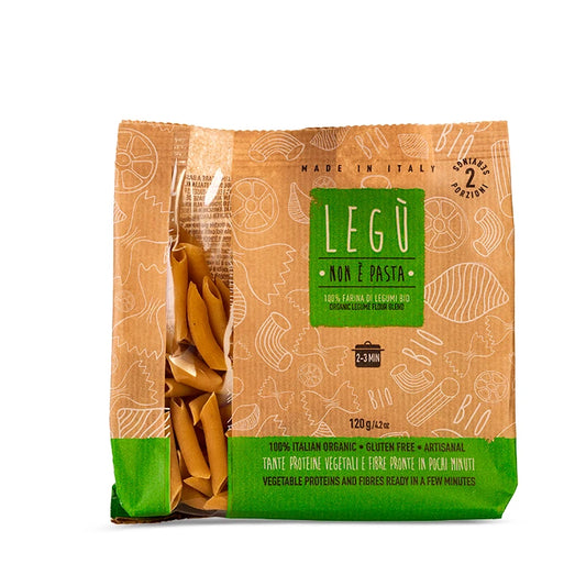 Confezione di LEGÙ NON è PASTA Penne BIO, fatta di legumi, ricca di proteine vegetali e senza glutine.