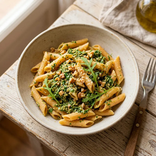Penne con pesto di rucola e noci