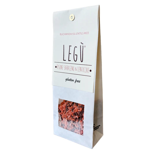 Packaging LEGÙ Risone Saraceno & Lenticchie, una pasta di legumi senza glutine e ricca di proteine vegetali, con finestra trasparente che mostra il prodotto misto rosso e marrone.