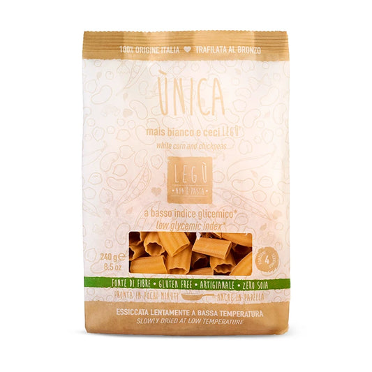 Pack di LEGÙ Rustici ÙNICA con mais bianco e ceci. Pasta senza glutine, ricca di fibre e proteine vegetali.
