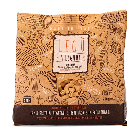 Packaging di LEGÙ 4 Legumi senza glutine: pasta di legumi, fonte di proteine vegetali, pronta in 3 minuti.
