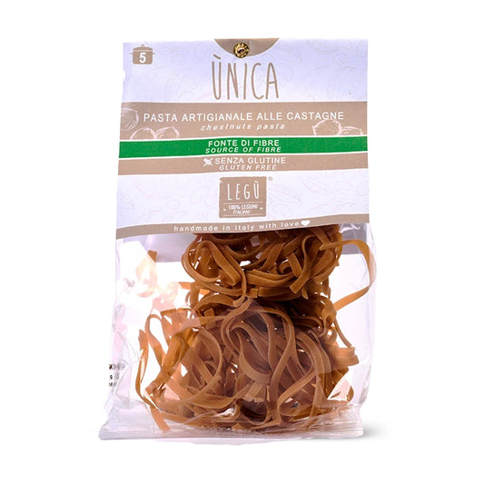 Pasta artigianale LEGÙ Tagliatelle alle Castagne, packaging, senza glutine, fonte di fibre e proteine vegetali.