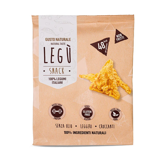 Packaging di snack LEGÙ triangolari con 48 kcal a porzione, senza glutine, ricchi di fibre e proteine vegetali, 100% legumi italiani.