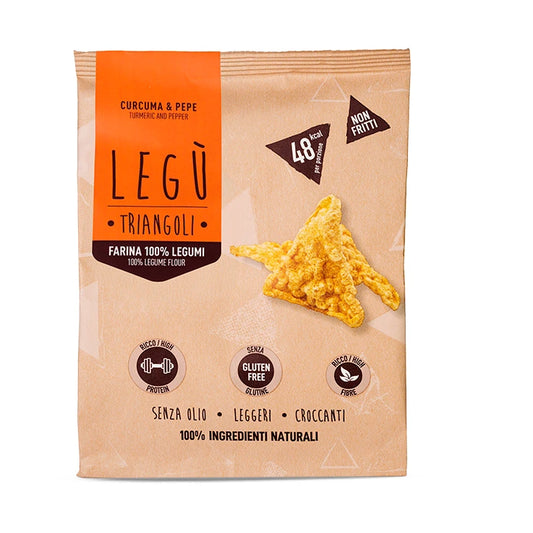 Snack LEGÙ Triangoli Curcuma & Pepe, senza glutine, ad alto contenuto di proteine vegetali e fibre, su fondo bianco.