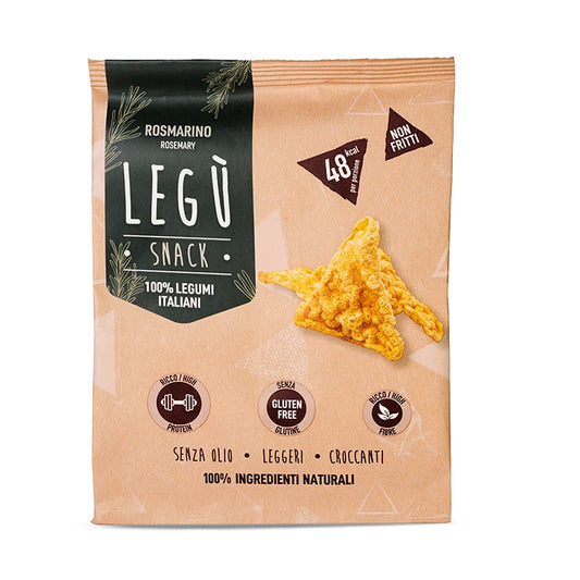 Bustina snack LEGÙ Triangoli Rosmarino, 100% legumi italiani, senza glutine, ricca di proteine vegetali e fibre.