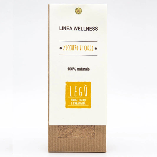 Packaging Legù Azúcar de Coco, 100% natural. Cajita con branding Legù: 100% legumbres y creatividad.