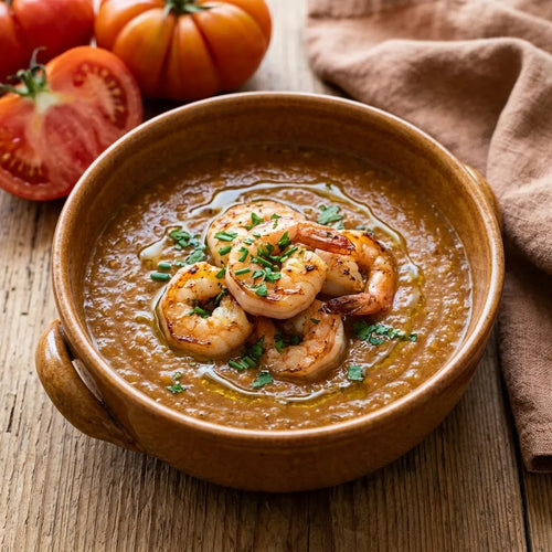 Zuppa arricchita con gamberi saltati