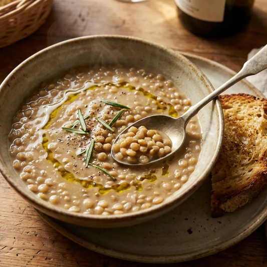 Lenticchie toscane Legù cremose con olio extravergine e rosmarino in piatto rustico su tavolo in legno