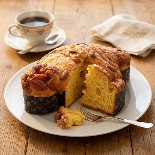 Colomba pasquale Colomvé LEGÙ con glassa alle mandorle, mostrata con una fetta tagliata e una tazza di caffè fumante. Un dolce pasquale di legumi, senza glutine e ricco di proteine vegetali.