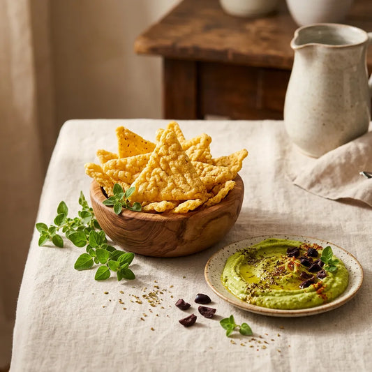 Triangoli Origano LEGÙ in una ciotola di legno con hummus verde e olive, snack croccante di legumi senza glutine ricco di proteine vegetali.