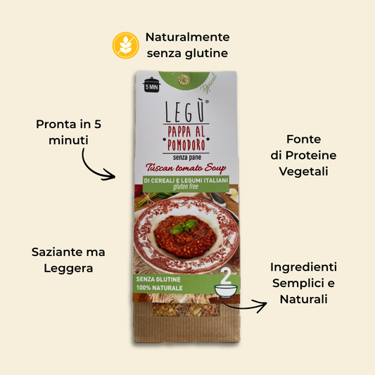 Benefici della pappa al pomodoro Legù: senza glutine, pronta in 5 minuti, fonte di proteine vegetali e con ingredienti semplici e naturali