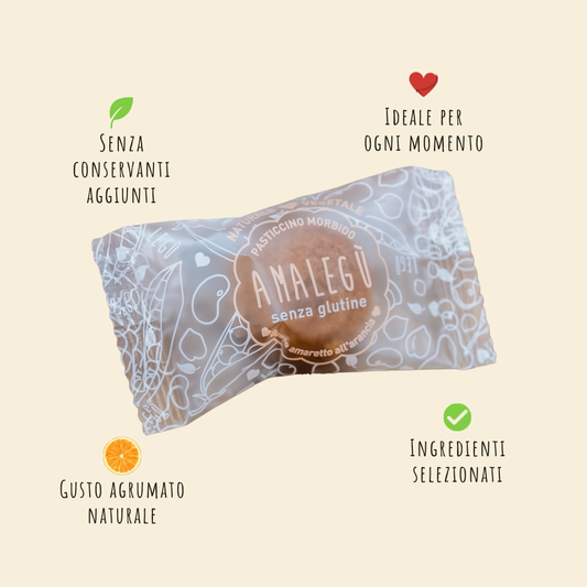 Infografica dei Pasticcini Morbidi all'Arancia LEGÙ, evidenziando senza conservanti, gusto agrumato, ingredienti selezionati e morbidezza irresistibile, ideali per ogni momento