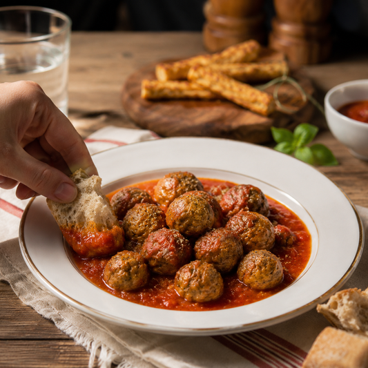 Polpette Legù al sugo di pomodoro con pane rustico immerso nel sugo su tavola in legno