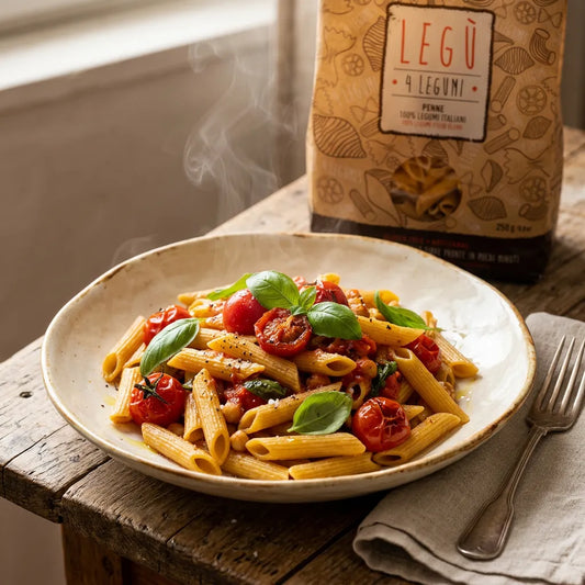 Piatto di Penne 4 Legumi LEGÙ fumanti con pomodorini freschi e basilico su tavolo di legno, pasta di legumi senza glutine ricca di proteine vegetali.