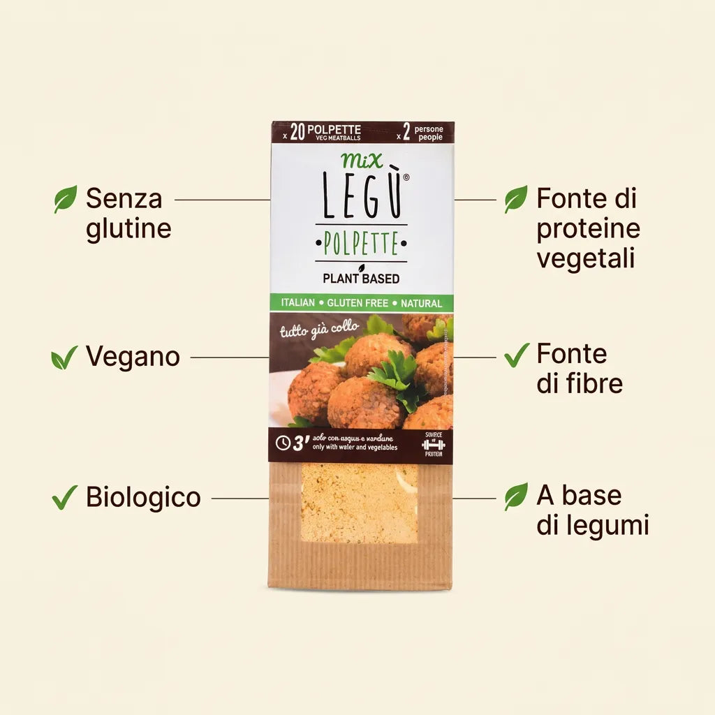 Infografica che mostra i benefici del Mix Polpette LEGÙ: vegano, biologico, senza glutine. È a base di legumi, fonte di fibre e proteine vegetali, e si prepara in 3 minuti.