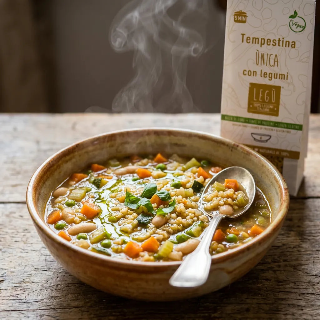 Un fumante piatto di Tempestina Legumi e Miglio LEGÙ con verdure e legumi, ideale per una dieta senza glutine e ricca di proteine vegetali.