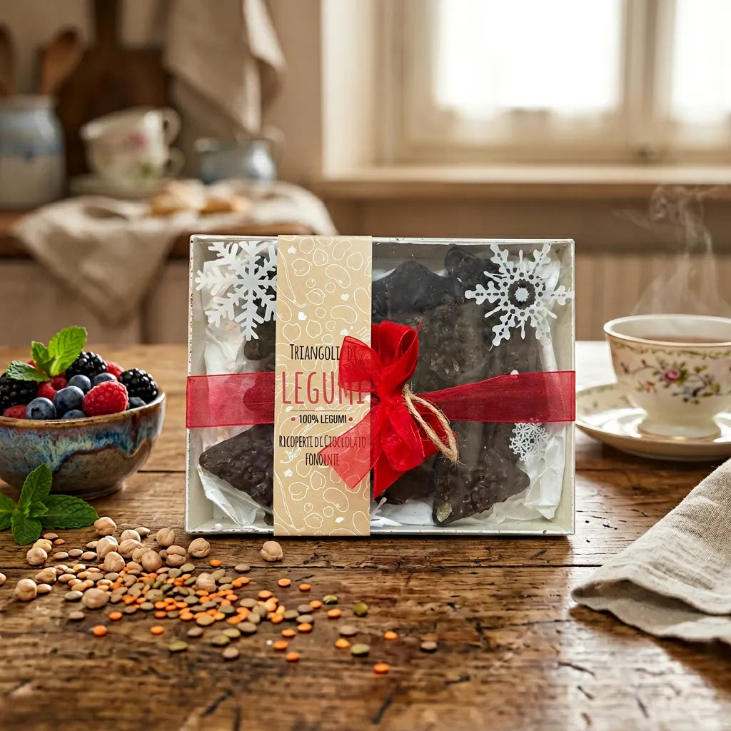 Legù Box Italian legume triangles coated in dark chocolate on a wooden table, with a bowl of berries and a steaming mug, gluten-free legume sweets.