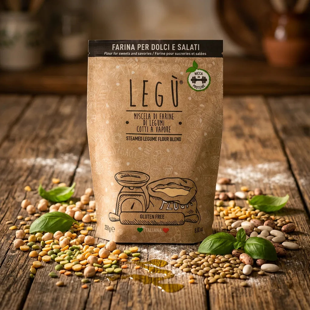 Confezione di farina di legumi LEGÙ 'Farina per dolci e salati' su un tavolo di legno rustico, circondata da legumi misti e foglie di basilico, ricca di proteine vegetali e senza glutine.